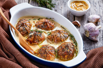 Canvas Print - rabbit ballotine in a ceramic baking dish