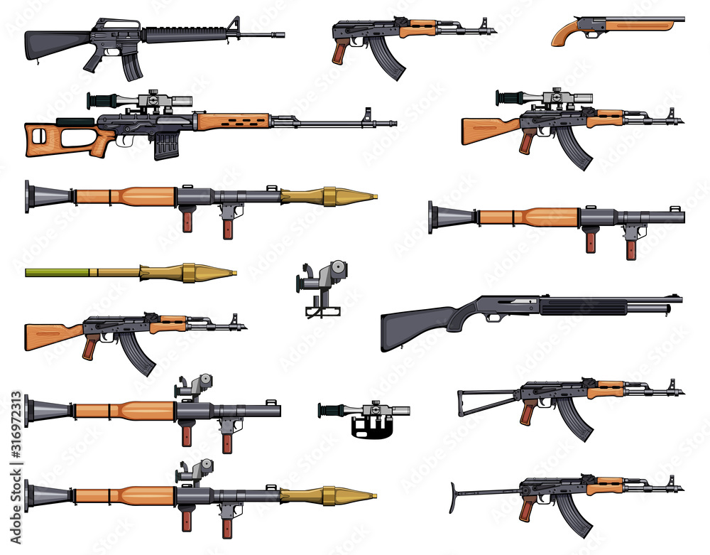 Weapons set. Kalashnikov rifle. Gun set. RPG. Arsenal set. Sniper scope ...