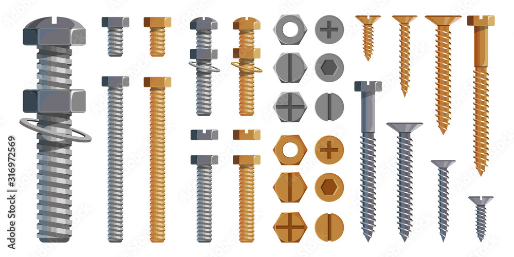 Vector set of Bolts, Nuts. Metal Screws, steel bolts, nuts, nails and rivets, self-tapping. Construction steel screw and nut, rivet and bolt metal illustration. Washer nut. Steel construction elements - obrazy, fototapety, plakaty 