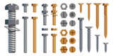 Fototapeta Konie - Vector set of Bolts, Nuts. Metal Screws, steel bolts, nuts, nails and rivets, self-tapping. Construction steel screw and nut, rivet and bolt metal illustration. Washer nut. Steel construction elements