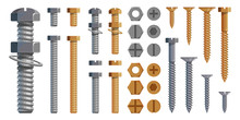 Vector Set Of Bolts, Nuts. Metal Screws, Steel Bolts, Nuts, Nails And Rivets, Self-tapping. Construction Steel Screw And Nut, Rivet And Bolt Metal Illustration. Washer Nut. Steel Construction Elements