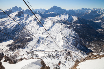 Wall Mural - Dolomites, Italy - view from mountain Lagazuoi, nearby Cortina d'Ampezzo in the Veneto Region. Mountain skiing and snowboarding.	