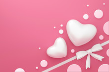 White Ribbon On Pink Gift Box Background With Happy Valentine Festival Or Polka Dots Pattern Concept. 3D Rendering.