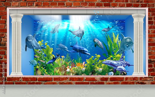 Dekoracja na wymiar  3d-mural-ilustracja-tapeta-pod-delfinem-morskim-ryba-zolwiem-woda-z-piasku-rafy-koralowej-z