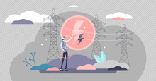 Electricity Industry Concept, Flat Tiny Electrician Worker Person Vector Illustration