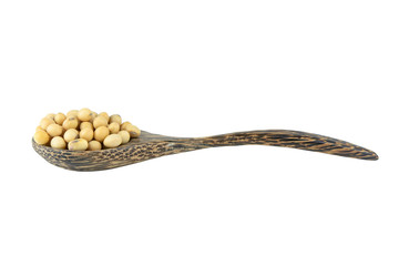 Soybean on wooden spoon isolated on white background with clipping path..