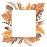 Fototapeta Boho - Watercolor frame with graphic element, palm leaves, flowers, feathers, pampas grass, isolated on white background, for wedding card and invitations