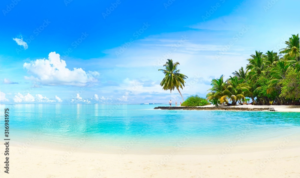 Beautiful beach with white sand, turquoise ocean, green palm trees and blue sky with clouds on Sunny day. Summer tropical landscape, panoramic view. - obrazy, fototapety, plakaty 