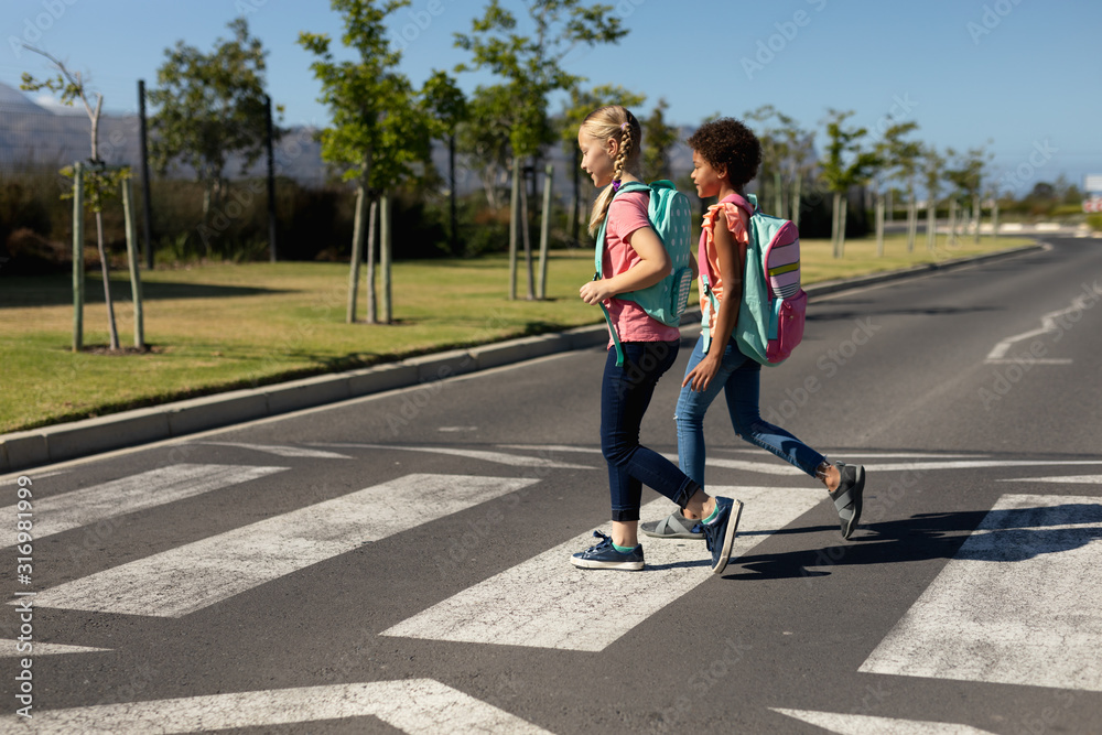 Schoolgirls crossing the road on a pedestrian crossing Stock Photo ...