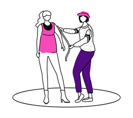 Poster - Fashion designer making measurements flat contour vector illustration. Individual tailoring isolated cartoon outline character on white background. Clothing atelier assistant simple drawing