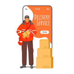 Poster - Delivery service cartoon smartphone vector app screen. Parcel tracking notification. Man in UK uniform. Mobile phone displays with flat character design mockup. Application telephone cute interface