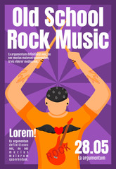 Poster - Old school rock music brochure template. Drummer. Concert, gig. Flyer, booklet, leaflet concept with flat illustration. Vector page cartoon layout for magazine. Advertising invitation with text space