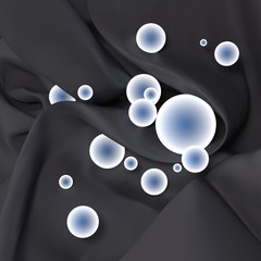 Abstract composition. Glowing globes on a dark gray drapery of fabric. 3D illustration