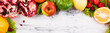 Banner of Fruits and vegetables frame. Copy space. Vegan. Clear food.