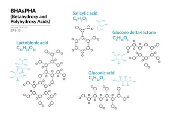 Canvas Print - Salicylic, Lactobionic, Gluconic, Glucono d-lactone acids. BHA, PHA Betahydroxy and Polyhydroxy acids. Structural chemical formula and molecule model. Vector illustration