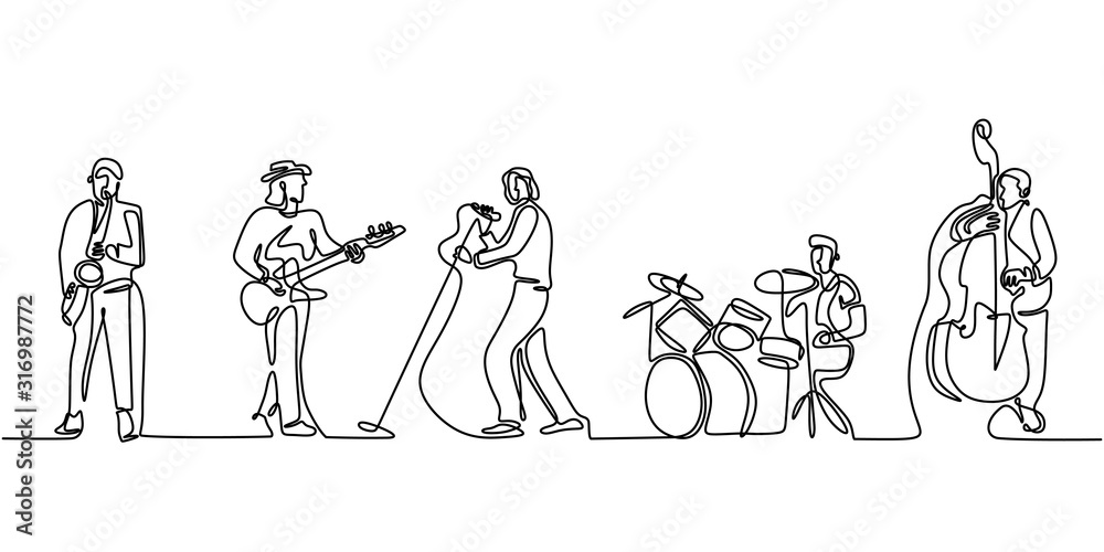 Group band music performance. Continuous one line drawing. Single hand drawn sketch minimalism. People with classical music instruments. Jazz and soul with singer. - obrazy, fototapety, plakaty 
