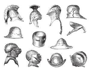 Old helmets collection / vintage illustration from Brockhaus Konversations-Lexikon 1908