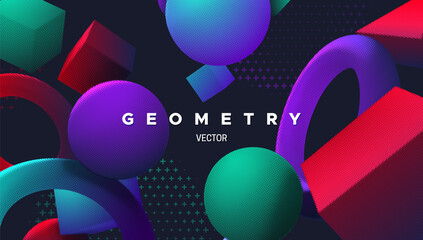 Poster - Geometric primitives banner. Abstract background. Vector minimal illustration. Bright gradient shapes textured with halftone lights and shadows. Creative cover design. Architectural poster concept
