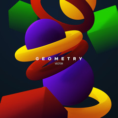 Poster - Geometric primitives banner. Abstract background. Vector minimal illustration. Bright gradient shapes textured with halftone lights and shadows. Creative cover design. Architectural poster concept