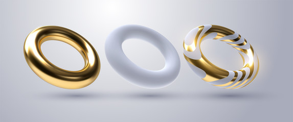 Realistic torus shapes. Vector geometric illustration. 3d golden and white rings collection. Geometric primitives. Decoration elements for minimal cover or poster design