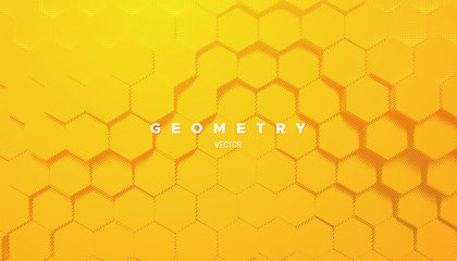 Poster - Abstract yellow geometric background. Vector minimal illustration. Bright gradient hex shapes textured with halftone pattern. Creative cover design. Architectural poster concept