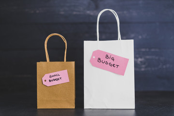 big vs small budget shopping bags with text on price tags