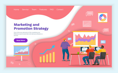 Poster - Marketing and promotion strategy template webpage. Man and woman teamwork communicating with computer and discussing growth graph report. Advertising website or landing page flat style vector