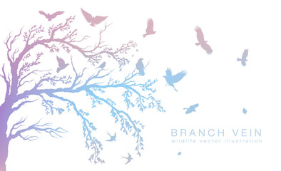 figure set multicolored flock of flying birds on tree branch