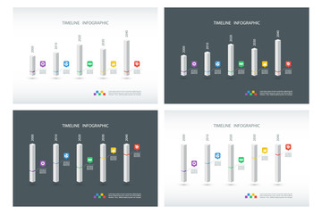 Poster - Set of timeline infographic design templates. Isometric, 3D column chart collection. Box design infographic. Vector illustration for workflow layout, diagram, number options, web design.
