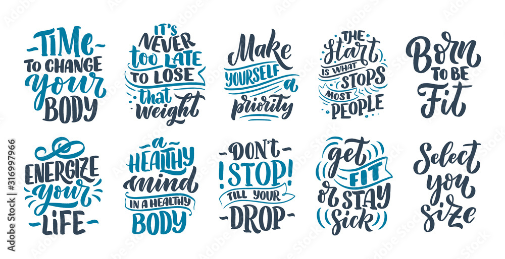 Abstract lettering set about sport and fitness for poster or print design. Healthy lifestyle. Modern calligraphy for business success concept. Handwritten letters. Typography funny quotes. Vector - obrazy, fototapety, plakaty 
