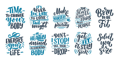 Wall Mural - Abstract lettering set about sport and fitness for poster or print design. Healthy lifestyle. Modern calligraphy for business success concept. Handwritten letters. Typography funny quotes. Vector