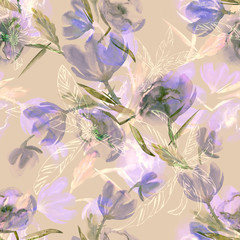 Wall Mural - Flowers Seamless Pattern. Watercolor Background.