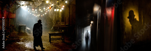 Fotomural Silhouette of a man in a coat and hat in a dark alley on a rainy night