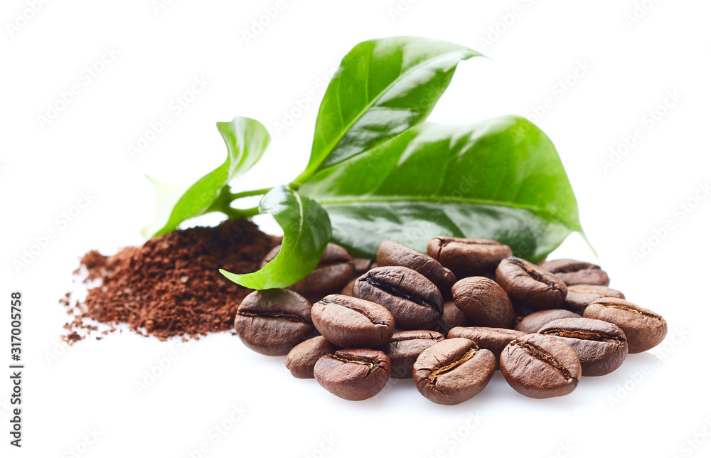 Coffee beans with leaf on white - obrazy, fototapety, plakaty 