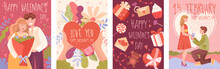 Four Happy Valentines Day Cute Cartoon Cards With Romantic Couple In Love, Heart And Sweet Gifts As Well As A Marriage Or Engagement Proposal