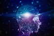Glowing silhouette of a human head with microchips on a dark background. Artificial intelligence and neural networks concept. 3D Rendering
