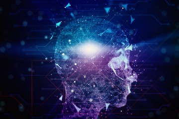 Poster - Glowing silhouette of a human head with microchips on a dark background. Artificial intelligence and neural networks concept. 3D Rendering