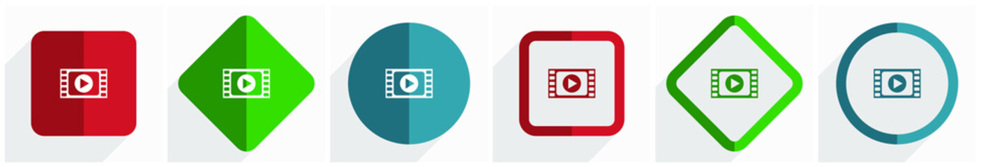 Leinwandbilder - Video icon set, flat design vector illustration in 6 options for webdesign and mobile applications in eps 10
