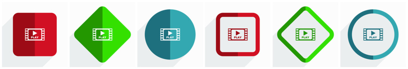 Leinwandbilder - Video icon set, flat design vector illustration in 6 options for webdesign and mobile applications in eps 10