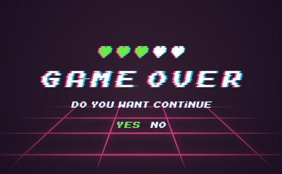 Game over vector pixel background, texture damage. Effect glitch error with text. Game design. Final scene.