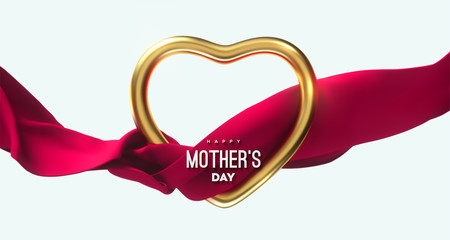 Wall Mural - Happy Mothers Day. Vector holiday illustration of golden heart shape frame and flowing cloth. Vector holiday illustration. Mother day festive event banner. Poster design. Realistic 3d decoration