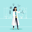 Female scientist in lab checking chemical reaction from beaker vector illustration. International Day of Women and Girls in Science poster background.