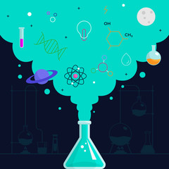 chemical reaction smoke out form beaker glass with science knowledge stuff icon vector illustration