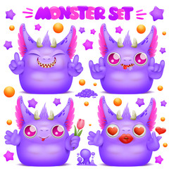 Wall Mural - Cute purple emoji cartoon monster character in various emotions