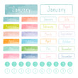 Handwritten months of the year with pastel color background and border. Calligraphy words and number for calendars. Colorful labels. Vector illustration.