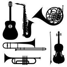 Silhouettes Of Musical Instruments - Guitar, French Horn, Trombone, Trumpet And Violin. Illustration.