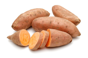 Sticker - Sweet potatoes with slices isolated on white background