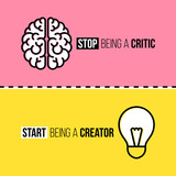 Flat line icons or brain and light bulb. Critic vs. creator concept