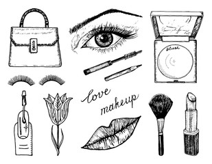 Makeup Tools Set. Doodle A collection of female tools and elements for a beauty salon. Hand drawn vintage engraved sketch outline. Eye, Lips, blush and maquillage, toiletry and cosmetology, cosmetics.