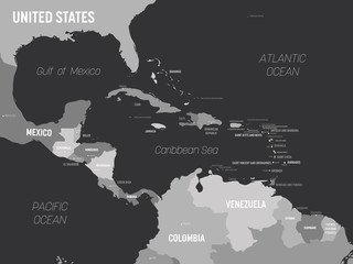 Poster - Central America map - grey colored on dark background. High detailed political map Central American and Caribbean region with country, capital, ocean and sea names labeling